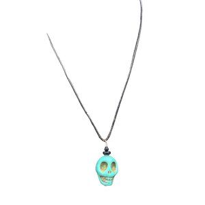 Blue Stone Skull Pendant Black Cord Necklace Halloween Biker Skeleton